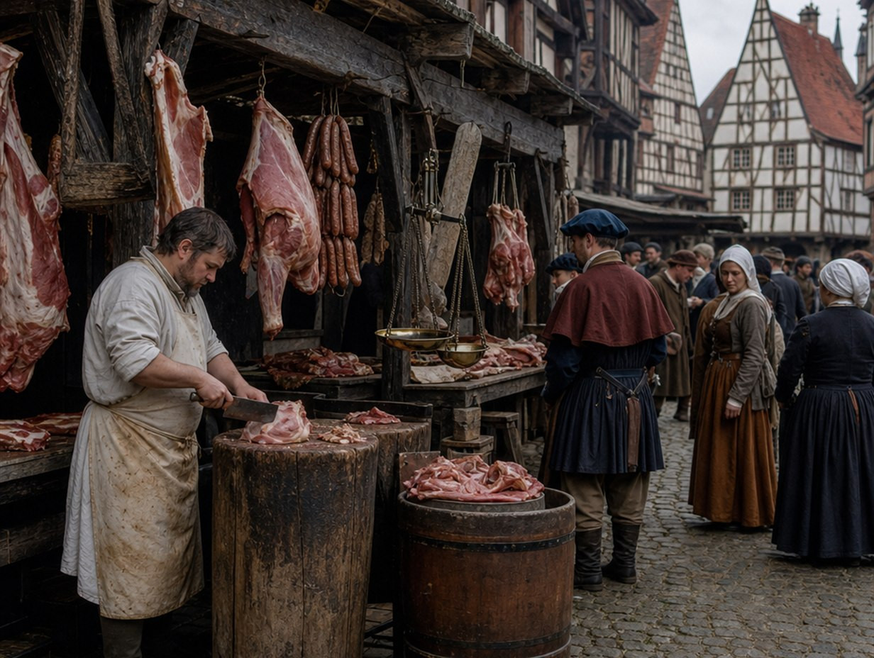 Metzger zerlegt Fleisch an einem Holzblock, dahinter hängende Schinken und Würste sowie eine Balkenwaage auf einem mittelalterlichen Markt