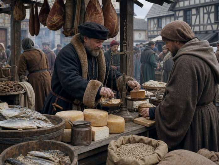 Händler wiegt Käse auf einer Balkenwaage, davor Salzfisch in Fässern, Käselaibe und Getreidesäcke auf einem spätmittelalterlichen Markt