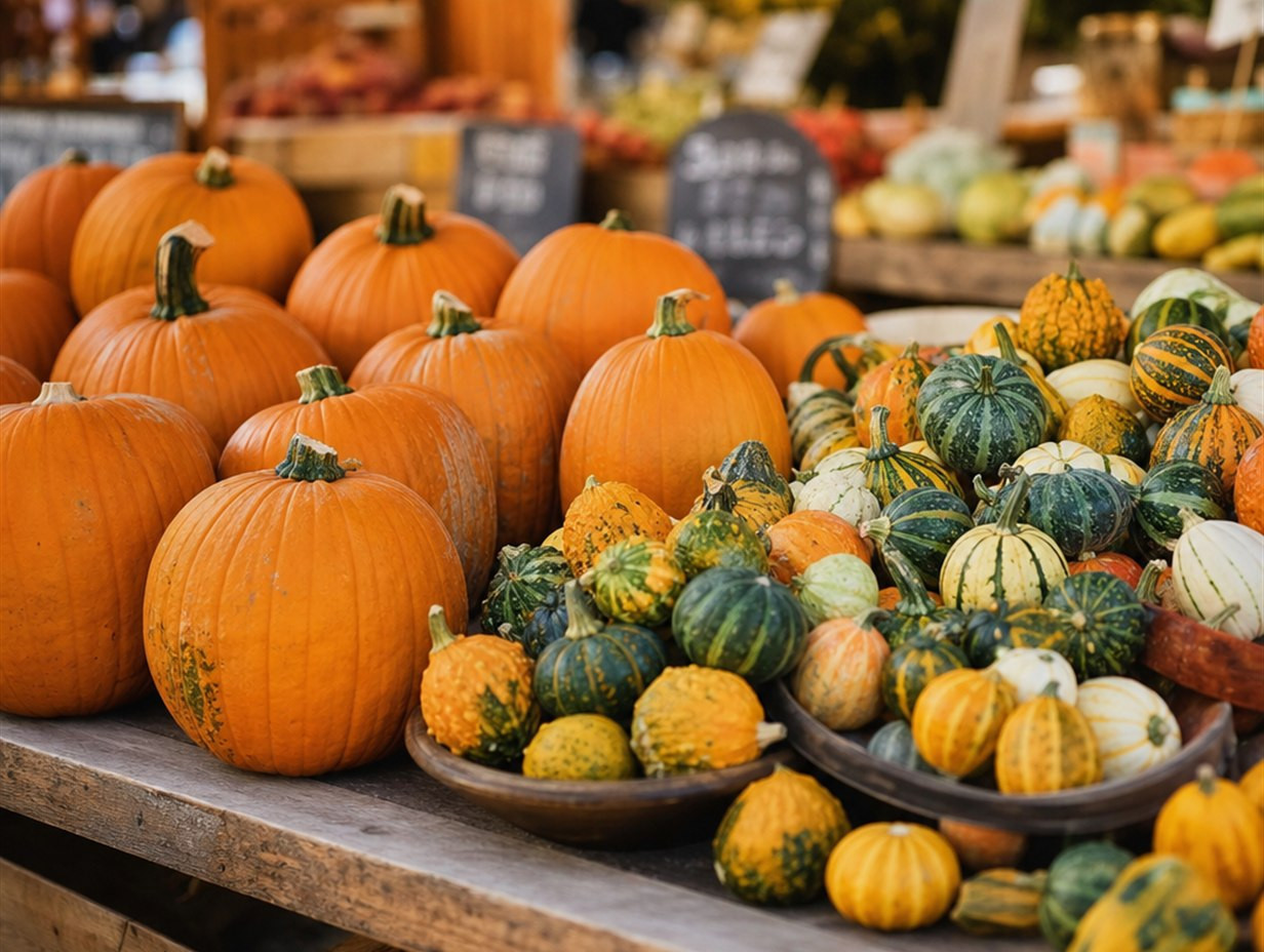 Große Speisekürbisse und kleine bunte Zierkürbisse liegen nebeneinander auf einem Markttisch