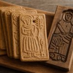 Gefächerte rechteckige Spekulatius mit geprägten Figurenmotiven auf einem Holzbrett, daneben ein geschnitztes Holzmodel mit vertiefter Figur