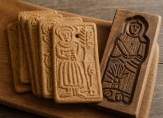 Was ist Spekulatius? Gefächerte rechteckige Spekulatius mit geprägten Figurenmotiven auf einem Holzbrett, daneben ein geschnitztes Holzmodel mit vertiefter Figur