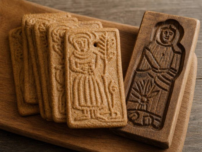 Gefächerte rechteckige Spekulatius mit geprägten Figurenmotiven auf einem Holzbrett, daneben ein geschnitztes Holzmodel mit vertiefter Figur