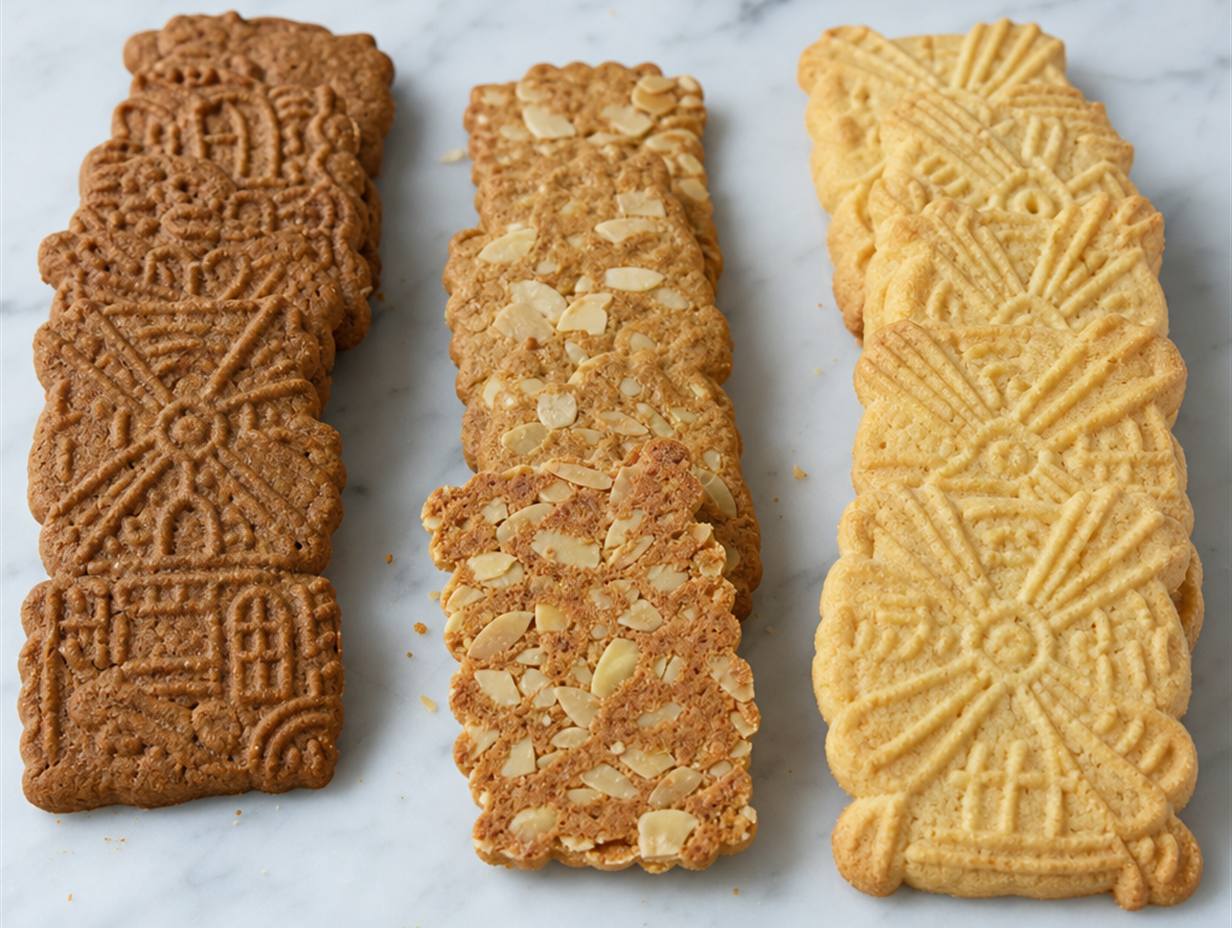 Drei Reihen Spekulatius auf Marmor, links dunkler Gewürzspekulatius, in der Mitte Mandelspekulatius mit gehobelten Mandeln, rechts heller Butterspekulatius