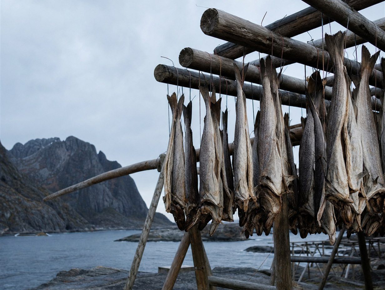 Getrockneter Stockfisch hängt an Holzgestellen an einer norwegischen Küste