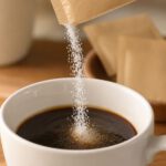Süßstoffpulver aus einer neutralen, unbeschrifteten Verpackung fällt in eine Kaffeetasse