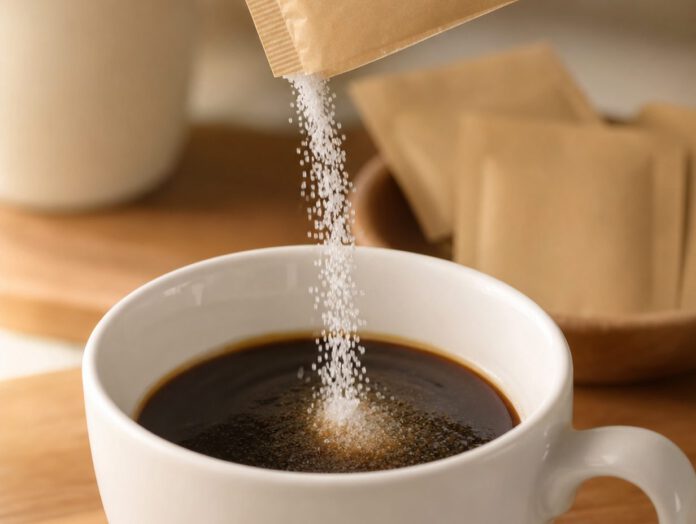 Süßstoffpulver aus einer neutralen, unbeschrifteten Verpackung fällt in eine Kaffeetasse