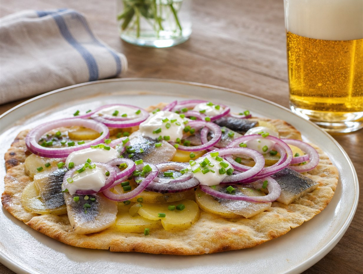 Schwedisches Fladenbrot belegt mit Fischfilet, Kartoffelscheiben, Zwiebeln und Schmand