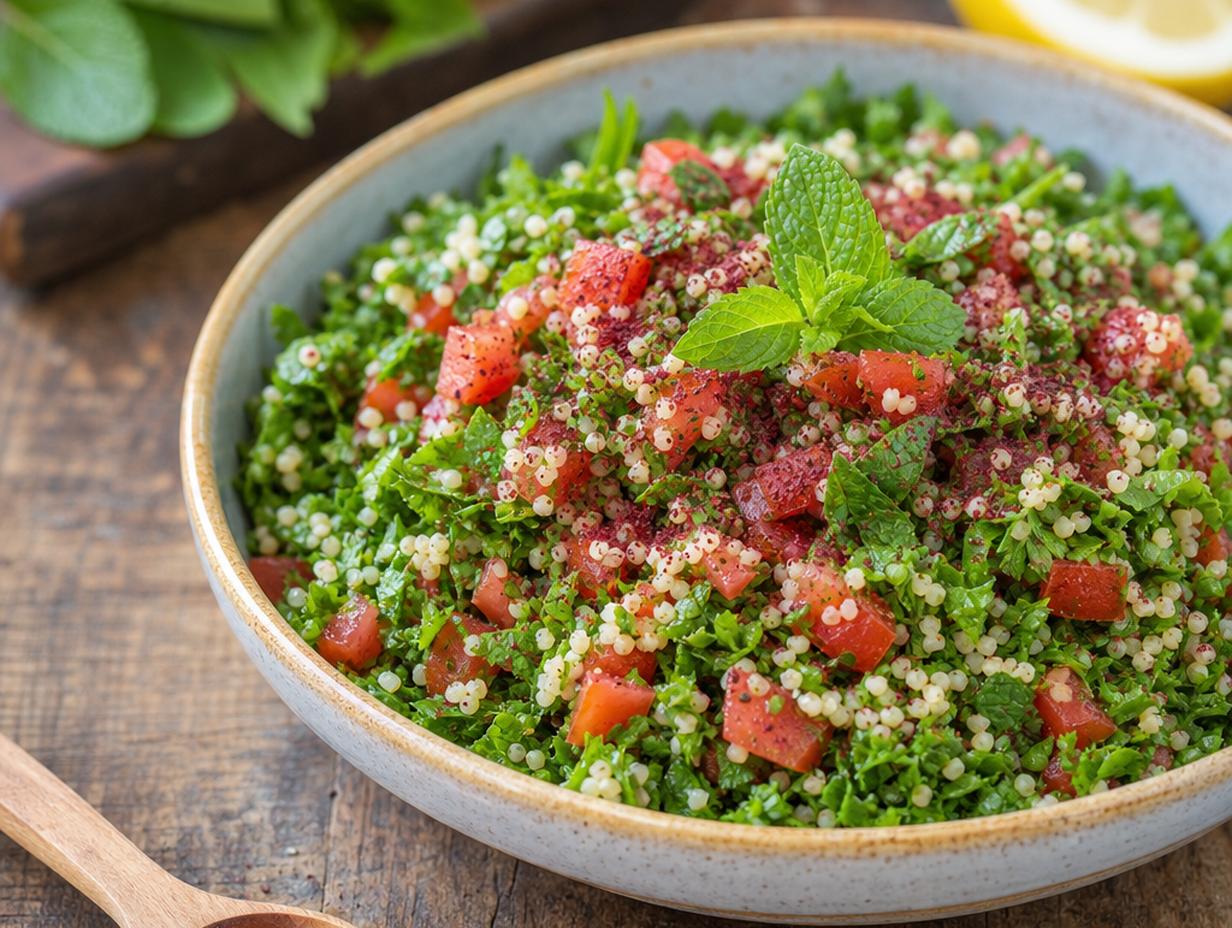 Tabouleh in einer Schale, großzügig mit rotem Sumach bestreut