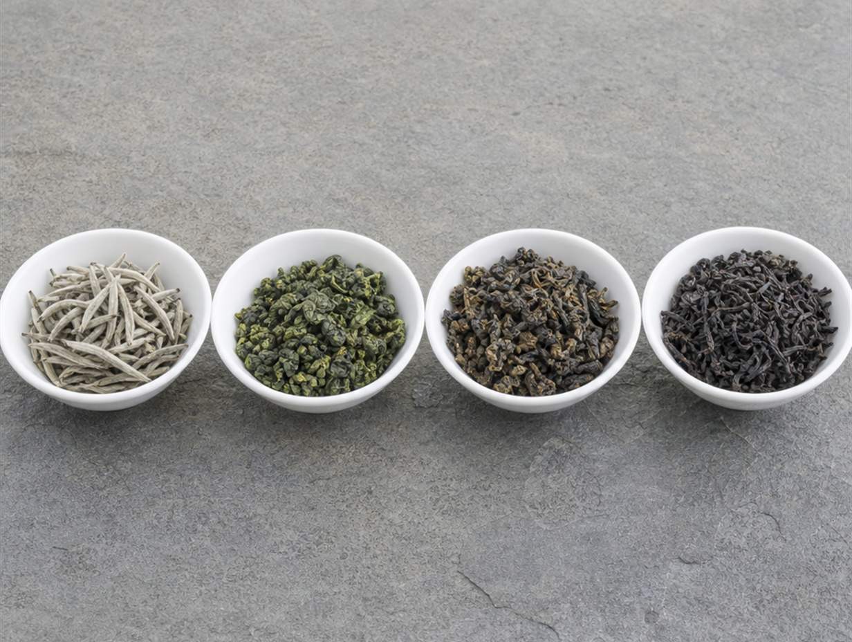 Vier Schalen mit trockenen Teeblättern nebeneinander: weißer Tee, grüner Tee, Oolong und schwarzer Tee