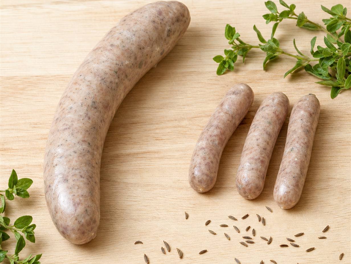 Eine lange Thüringer Bratwurst neben drei kleinen Nürnberger Rostbratwürsten auf einem Holzbrett, dazu Majoranzweige und Kümmelsamen
