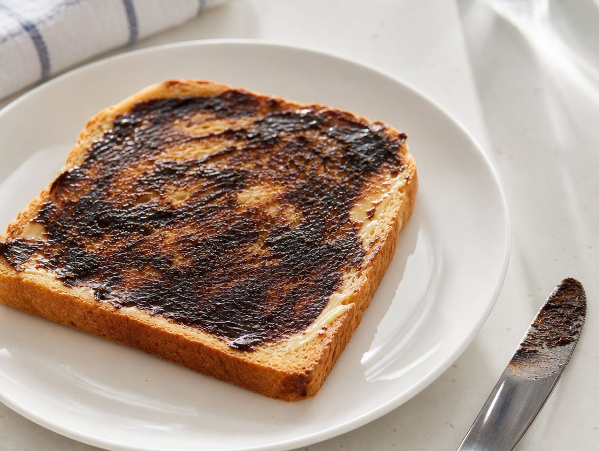 Getoastetes Brot mit Butter und einer dünnen Schicht dunkelbraunem Hefeaufstrich