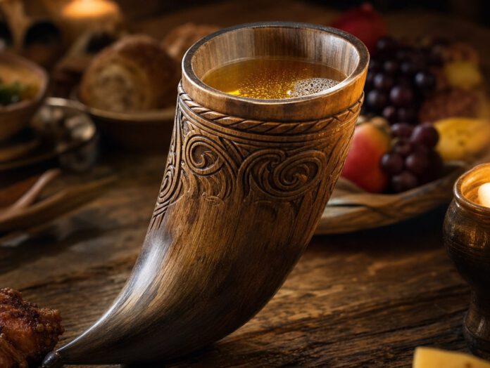 Ein hölzernes Trinkhorn gefüllt mit goldenem Met