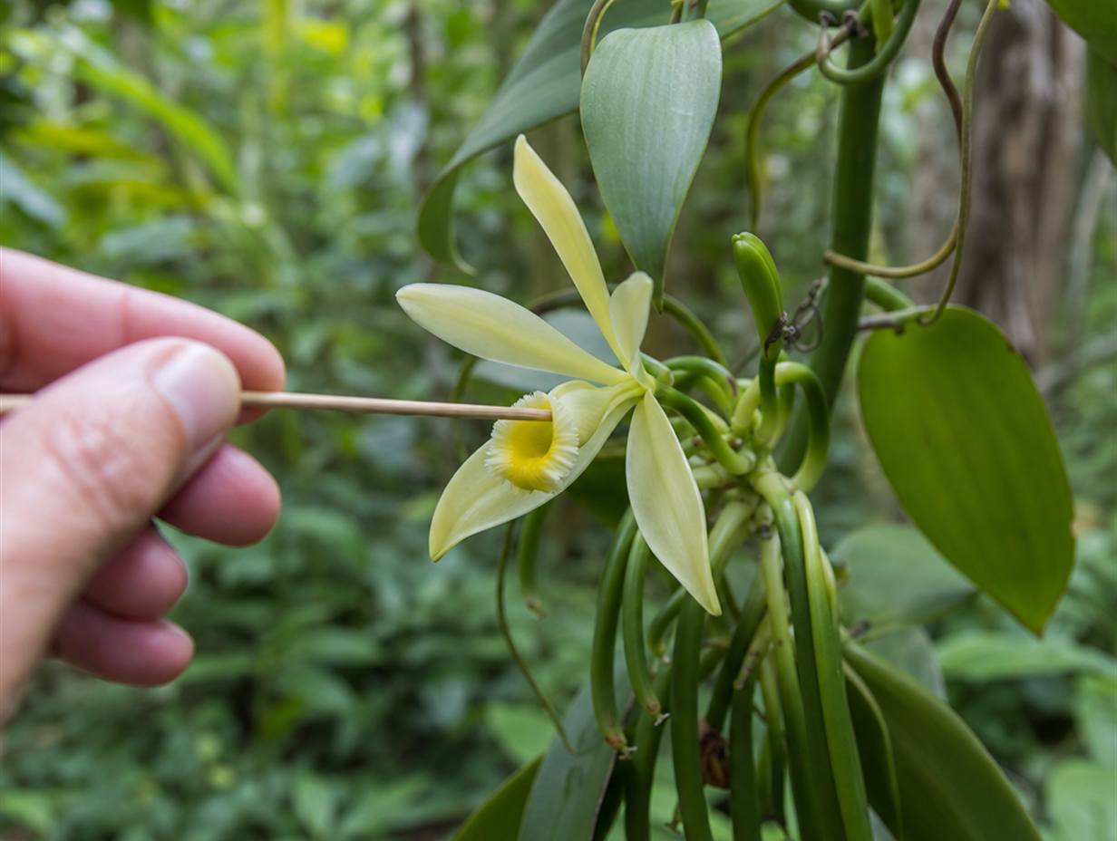 Blassgelbe Vanilleorchideenblüte an einer Kletterpflanze mit grünen Schoten, eine Hand führt ein dünnes Holzstäbchen an die Blüte