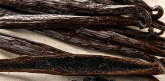 Was ist Bourbon-Vanille? Dunkle glänzende Vanilleschoten auf Leinen, eine längs aufgeschlitzt mit sichtbarem schwarzem Mark, daneben ausgekratztes Vanillemark und ein Messer