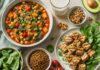 Weltvegantag am 1. November: Herkunft, Zahlen und Nährstoffe Vegane Mahlzeit von oben mit Kichererbseneintopf, gegrilltem Tofu, Linsen, Spinat, Tomaten, Walnüssen und einem Glas Haferdrink