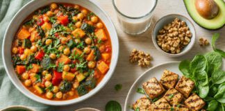 Weltvegantag am 1. November: Herkunft, Zahlen und Nährstoffe Vegane Mahlzeit von oben mit Kichererbseneintopf, gegrilltem Tofu, Linsen, Spinat, Tomaten, Walnüssen und einem Glas Haferdrink