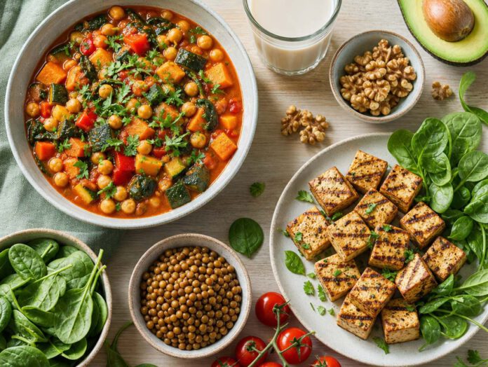 Vegane Mahlzeit von oben mit Kichererbseneintopf, gegrilltem Tofu, Linsen, Spinat, Tomaten, Walnüssen und einem Glas Haferdrink