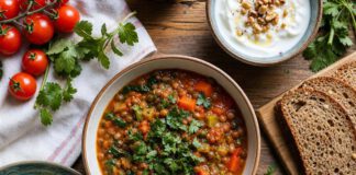 Weltvegetariertag am 1. Oktober: Herkunft, Formen und Zahlen Vegetarisches Essen von oben mit Linseneintopf, gekochtem Ei, Frischkäse, Vollkornbrot, Joghurt mit Nüssen und Tomaten