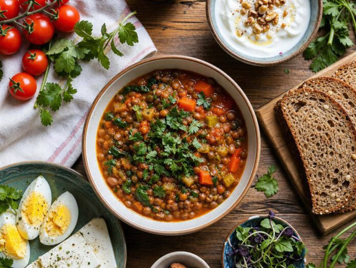 Vegetarisches Essen von oben mit Linseneintopf, gekochtem Ei, Frischkäse, Vollkornbrot, Joghurt mit Nüssen und Tomaten