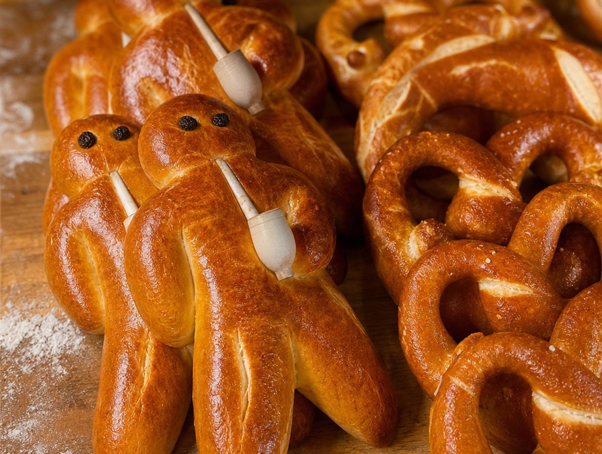 Frisch gebackene Weckmänner aus Hefeteig mit Rosinenaugen und Tonpfeife neben Brezeln auf einem Holztresen