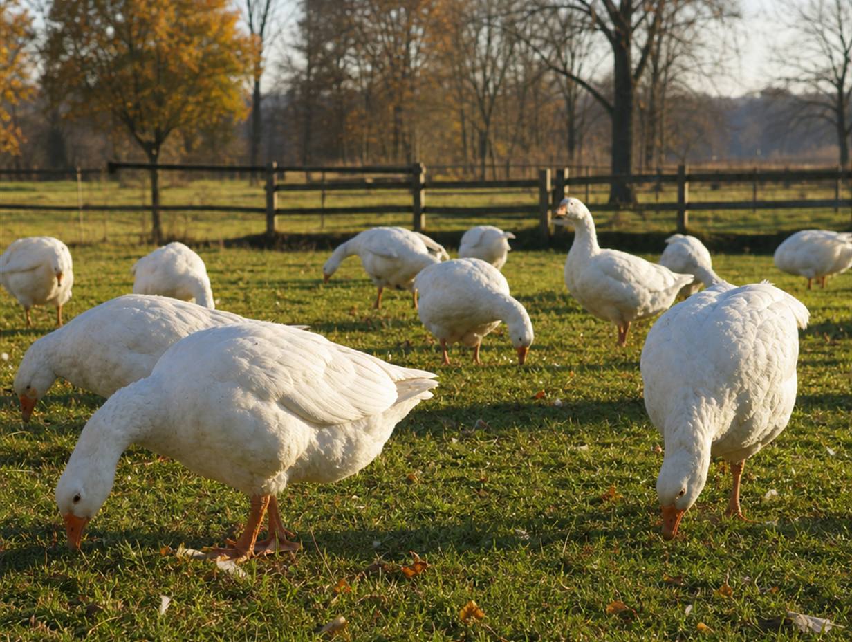Weiße Hausgänse mit Auslauf auf einer grünen Weide im Herbst
