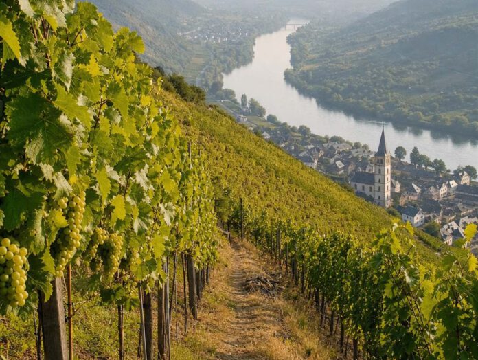 Steiler Weinberg an einem Flusshang mit Rebzeilen und reifenden Trauben, unten Fluss und Dorf