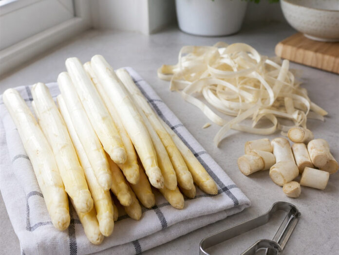 Geschälter weißer Spargel mit Schalen und Endstücken Frisch geschälte weiße Spargelstangen neben abgeschälten Schalen und abgeschnittenen Endstücken