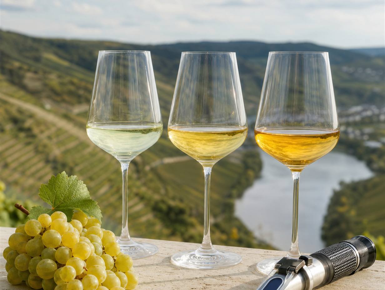 Drei Gläser Weißwein von blassgrün bis goldgelb nebeneinander, daneben eine Traube Riesling