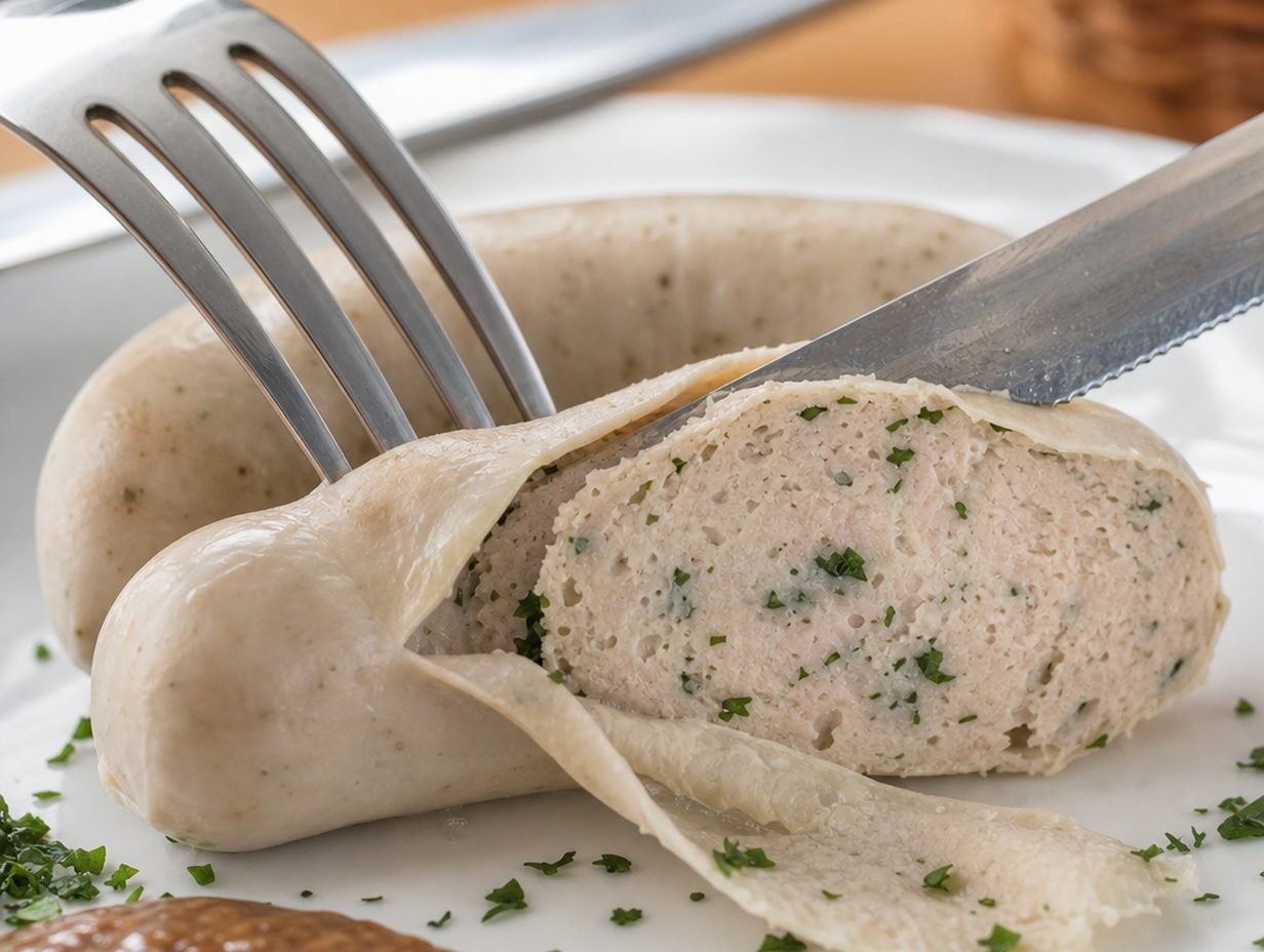 Längs aufgeschnittene Weißwurst auf einem Teller, das feine helle Brät ist mit grüner Petersilie durchsetzt