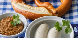 Wie schmeckt Weißwurst? Zwei helle Weißwürste in einer blau-weißen Schale mit heißem Wasser, daneben süßer Senf und eine Brezn