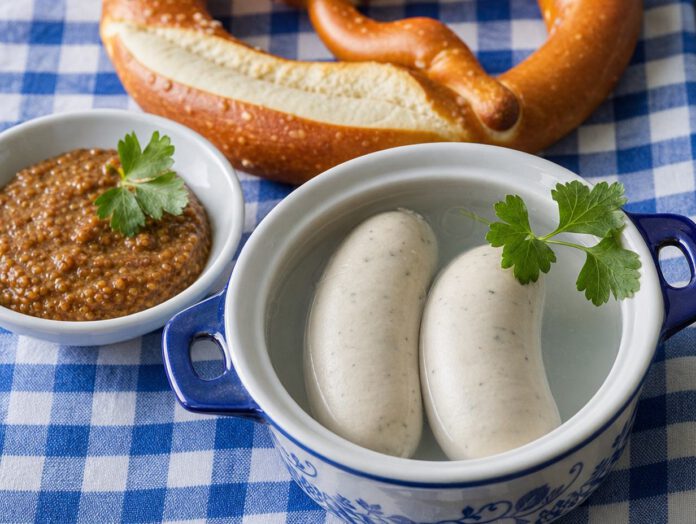Zwei helle Weißwürste in einer blau-weißen Schale mit heißem Wasser, daneben süßer Senf und eine Brezn