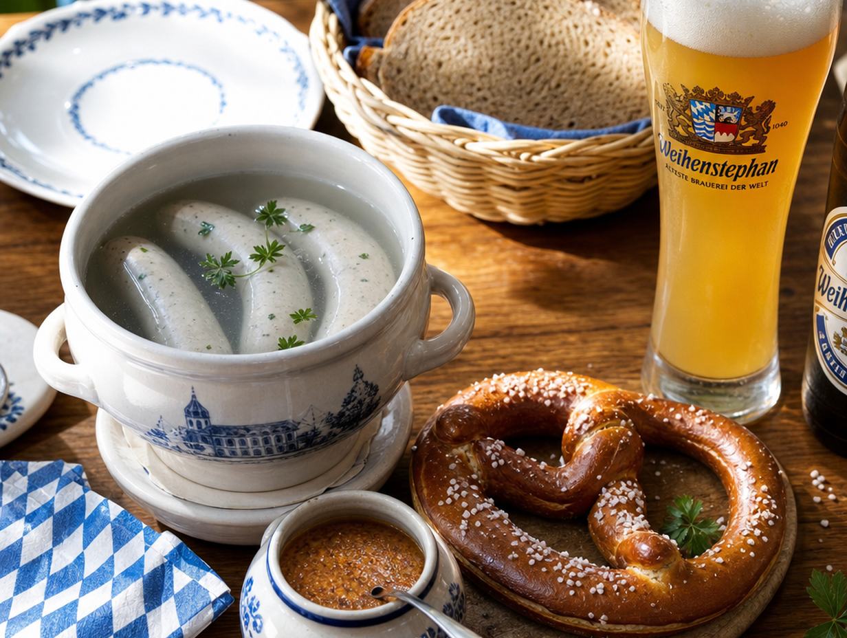 Bayerisches Frühstück von oben mit Topf Weißwürste, großer Brezn, süßem Senf und einem Weißbierglas
