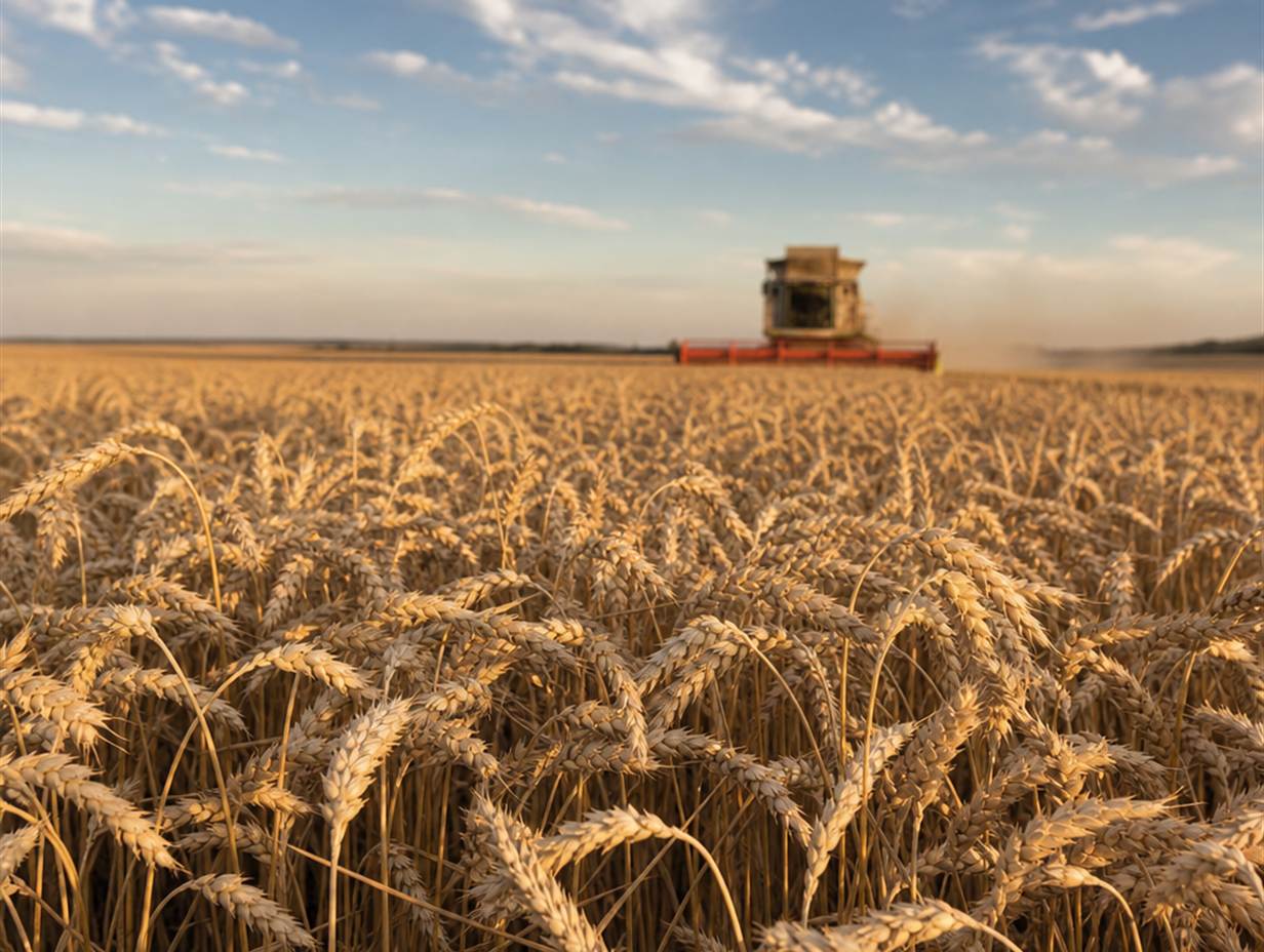 Reife goldene Weizenähren im Vordergrund, am Horizont ein Mähdrescher