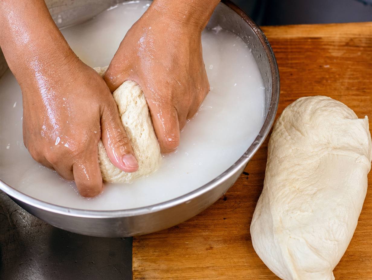 Zwei Hände kneten einen Weizenteigklumpen in einer Schüssel mit milchig-weißem Wasser, daneben liegt ein fertiger elastischer Glutenklumpen auf einem Holzbrett