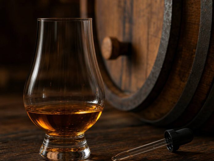 Bernsteinfarbener Whisky in einem tulpenförmigen Nosingglas auf dunklem Holz, daneben eine Pipette mit einem Tropfen Wasser