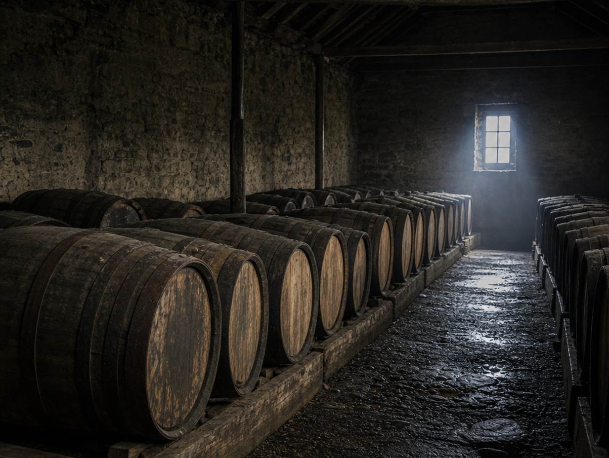 Reihen von Eichenfässern auf Holzgestellen in einem dunklen schottischen Whiskylagerhaus