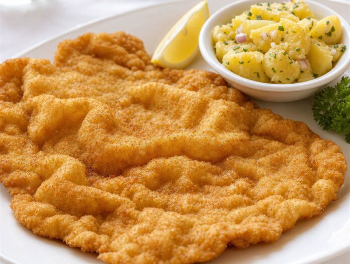 Wiener Schnitzel mit goldgelber, gewellter Panade auf weißem Teller, daneben Zitronenspalte und Kartoffelsalat