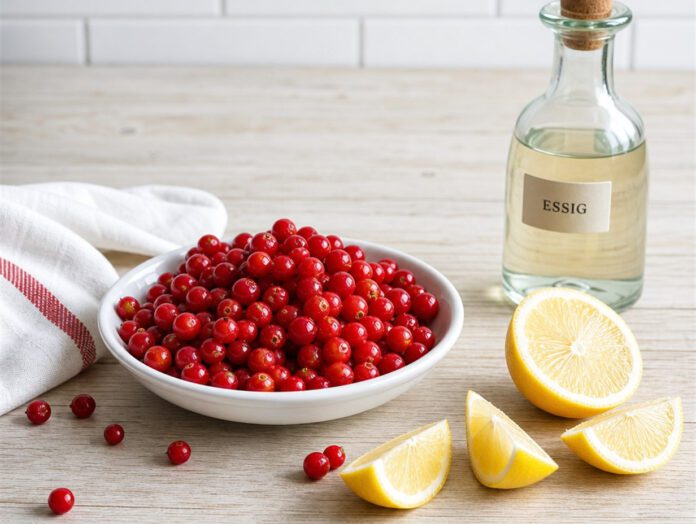 Kleine leuchtend rote Beeren in einer weißen Schale neben aufgeschnittenen Zitronenspalten