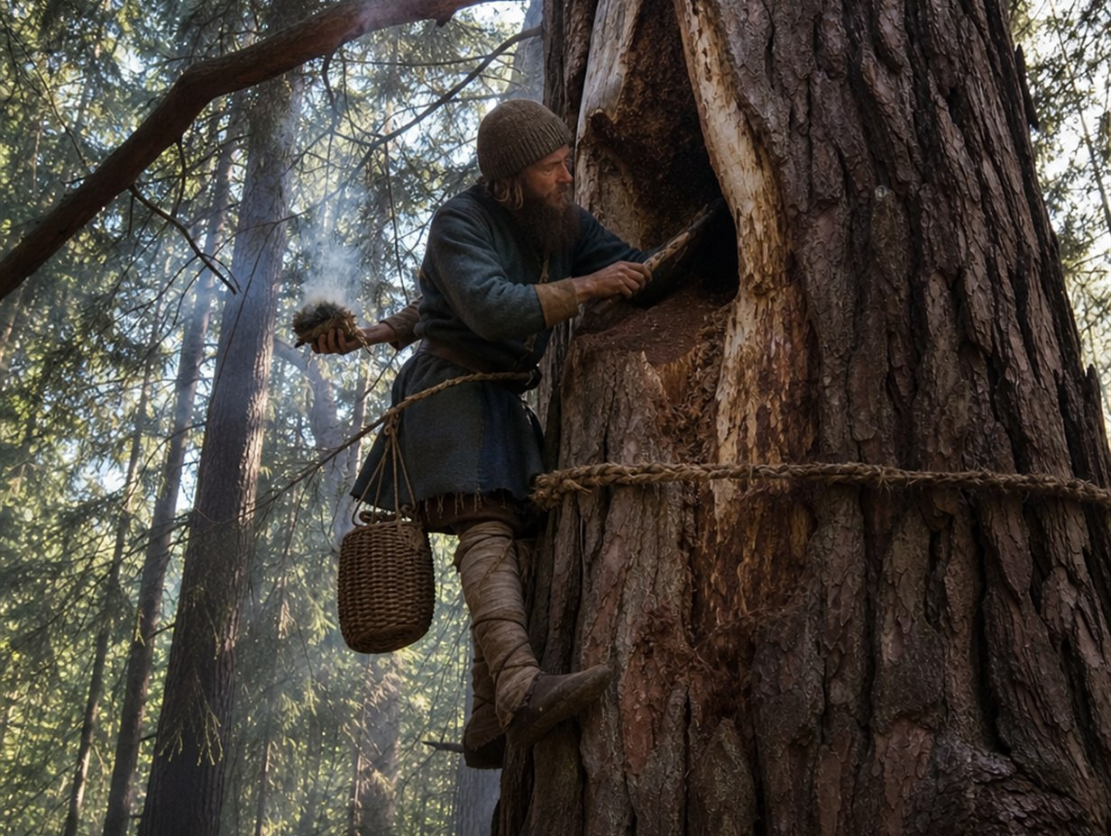 Mittelalterlicher Zeidler klettert mit Seil an einem alten Kiefernstamm zu einer Beute im lebenden Baum und beruhigt die Bienen mit Rauch