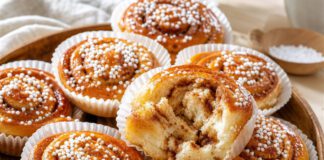 Tag der Zimtschnecke am 4. Oktober: Herkunft und Zimtfrage Frisch gebackene schwedische Zimtschnecken in Papierförmchen, bestreut mit Perlzucker, auf einem Holztablett