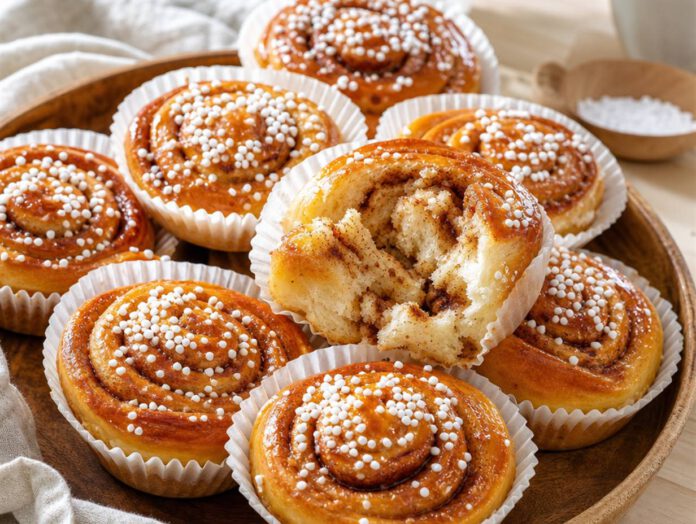 Frisch gebackene schwedische Zimtschnecken in Papierförmchen, bestreut mit Perlzucker, auf einem Holztablett
