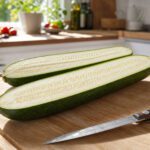 Längs halbierte grüne Zucchini mit hellem Fruchtfleisch auf einem Holzbrett in einer Küche