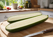 Warum schmeckt Zucchini bitter? Längs halbierte grüne Zucchini mit hellem Fruchtfleisch auf einem Holzbrett in einer Küche