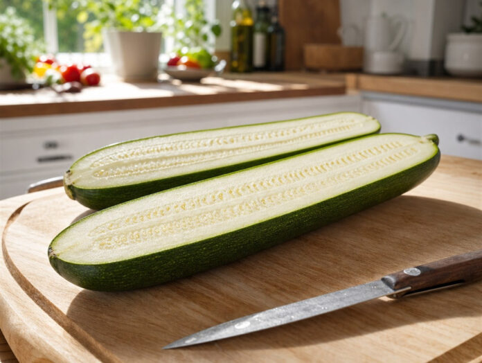 Aufgeschnittene Zucchini auf Holzbrett Längs halbierte grüne Zucchini mit hellem Fruchtfleisch auf einem Holzbrett in einer Küche