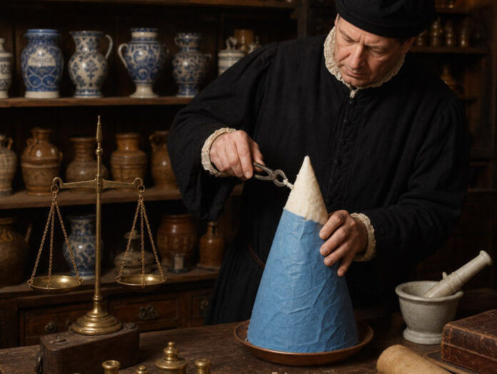 Apotheker schabt mit einer Zuckerzange von einem in blaues Papier gewickelten Zuckerhut, daneben eine feine Messingwaage und Apothekengefäße