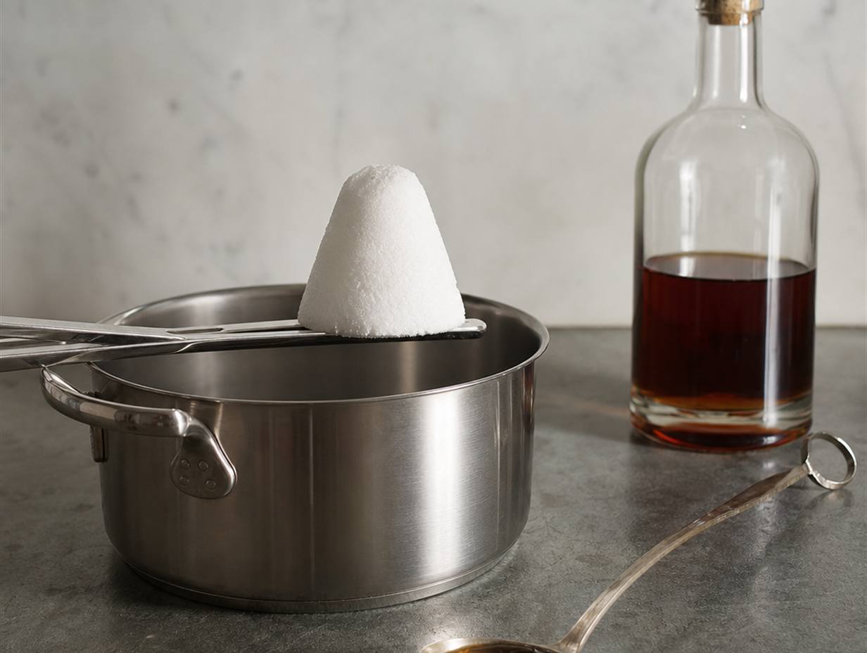 Weißer Zuckerhut auf einer Metallzange über einem Edelstahltopf, daneben eine Rumflasche und eine Schöpfkelle in sicherem Abstand