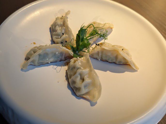 Fünf gebratene Gyoza sternförmig auf einem weißen Teller angerichtet