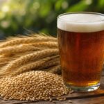 Glas Bier neben Gerstenkörnern