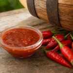 Rote Chilisauce mit frischen Chilis vor einem Eichenfass