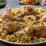 Kabsa, Gewürzreis mit Huhn, Rosinen und Mandeln